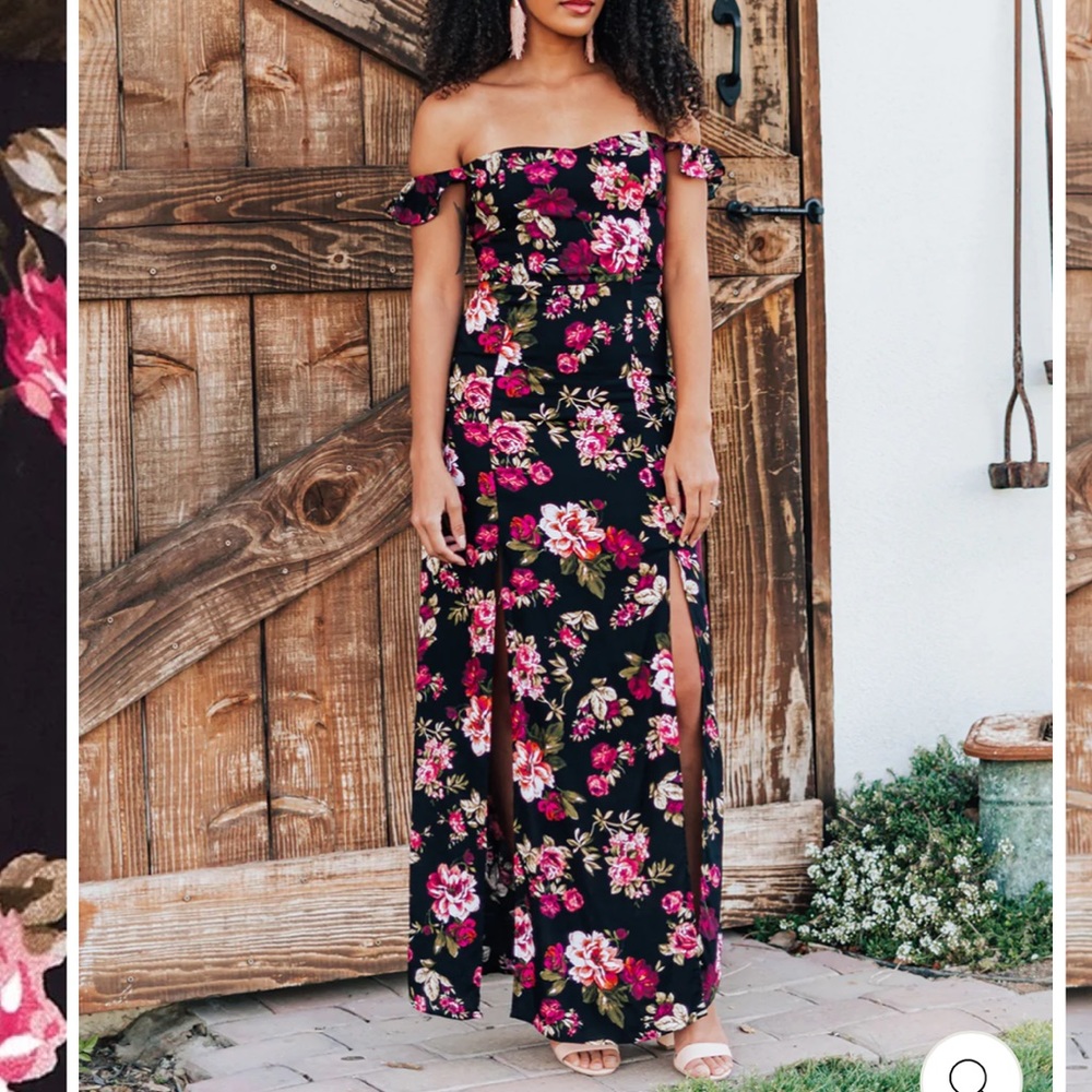Floral Thigh Slit Sweetheart Off Shoulder Dress